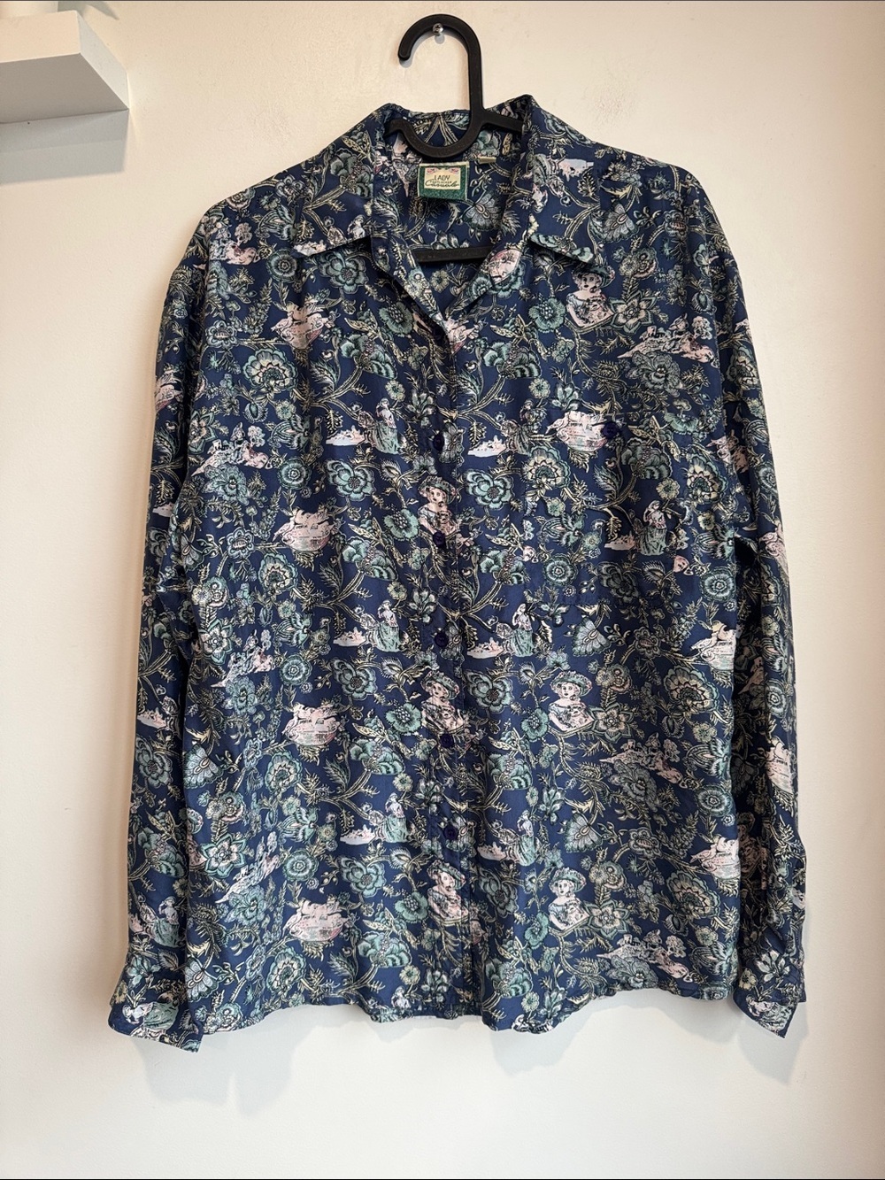Vintage Lady Footlocker 100% Silk Navy Patterned Button-Up Shirt
